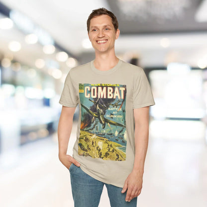 Close-up of the Combat March 1965 T-shirt’s relaxed fit neckline with visible stitching and fabric texture in deep olive