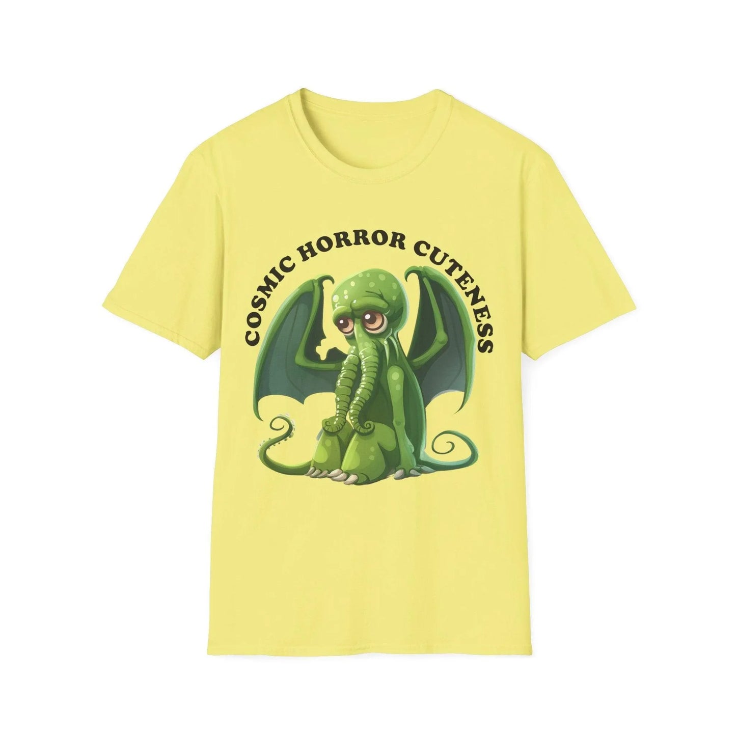 Close-up of the Cosmic Horror Cuteness T-Shirt’s vibrant purple fabric and detailed, flat-printed cosmic tentacle pattern on