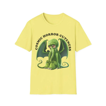 Close-up of the Cosmic Horror Cuteness T-Shirt’s vibrant purple fabric and detailed, flat-printed cosmic tentacle pattern on