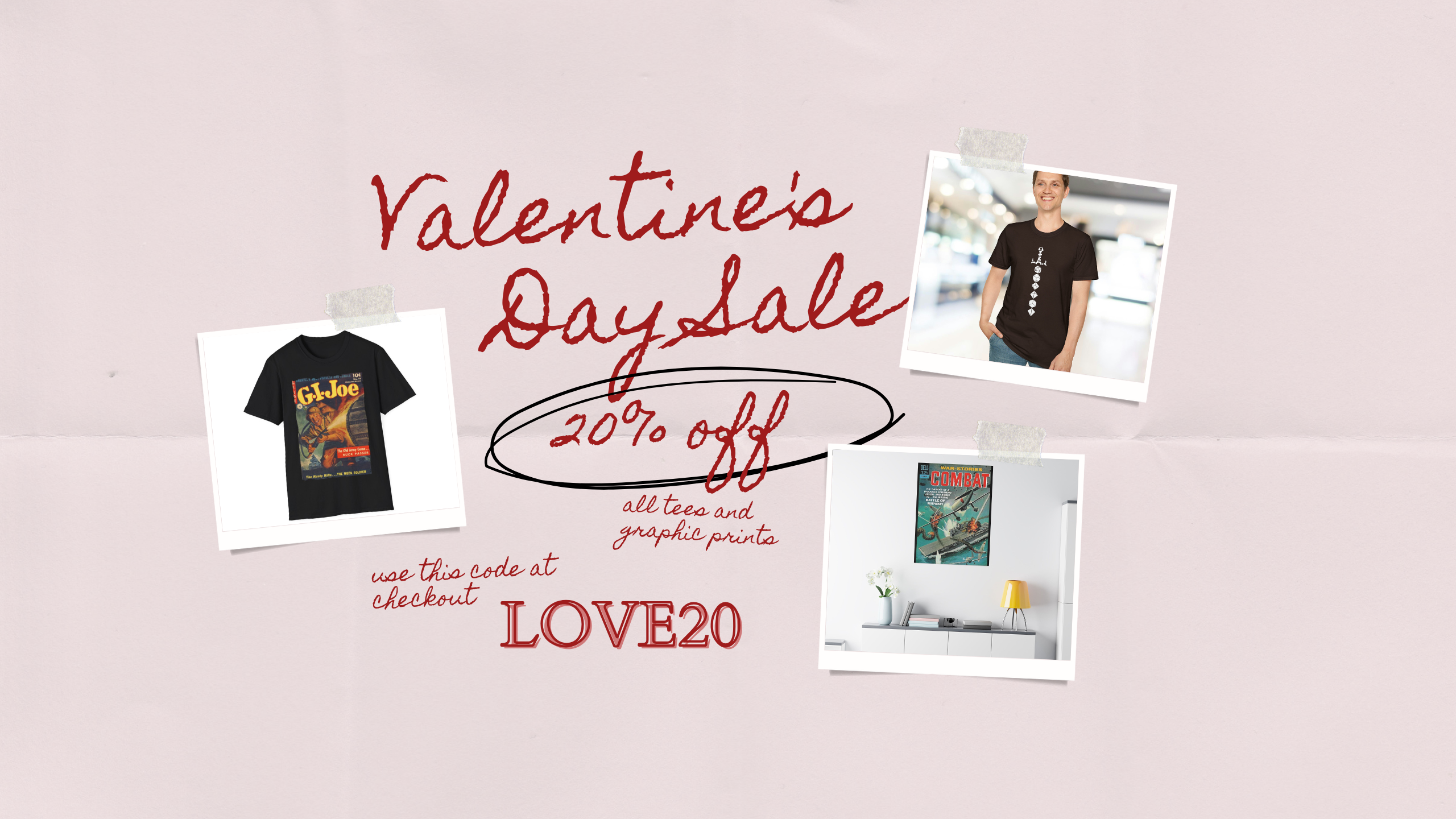 Promotional banner for Valentine's Day sale with t-shirt images and text on a light pink background